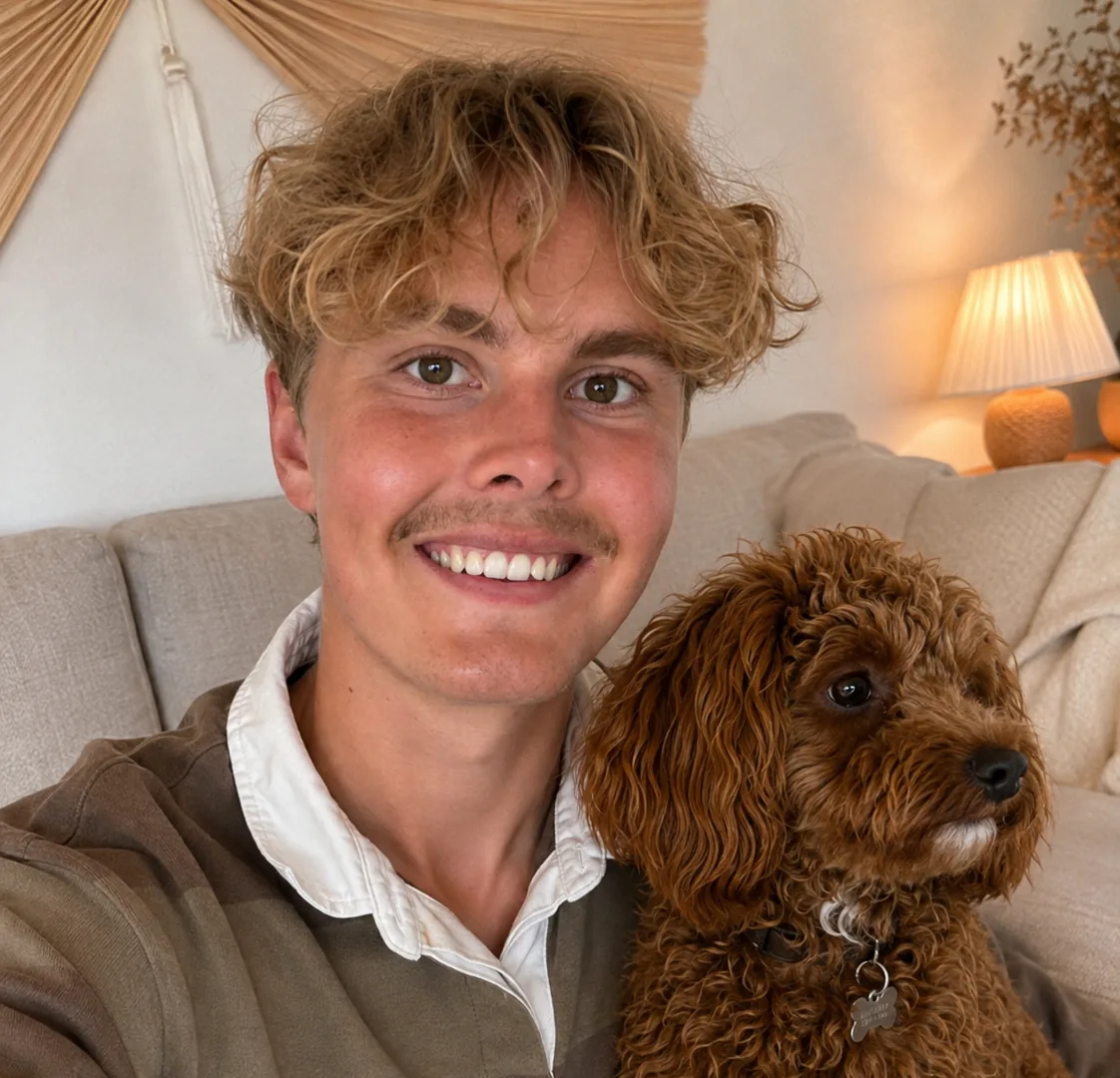 Mathias, stifter af Min Gavepartner, med sin hund i sofaen